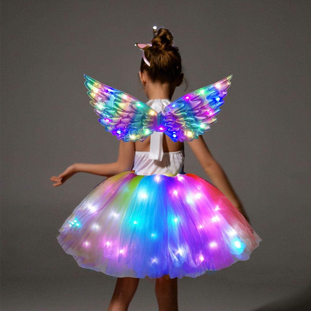 SHINYOU Girls Unicorn Costume Rainbow Unicorn Dress LED Light Up Unicorn Tutu with LED Wing for Halloween Birthday Gift DeepRainbow+Wing 3-4Y¡­