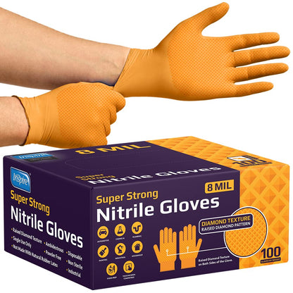 Inspire Heavy Duty Orange Nitrile Gloves Disposable Latex Free | ULTRA 8 Mil Diamond Textured Grip | Industrial Mechanic Food Large, 100 Count
