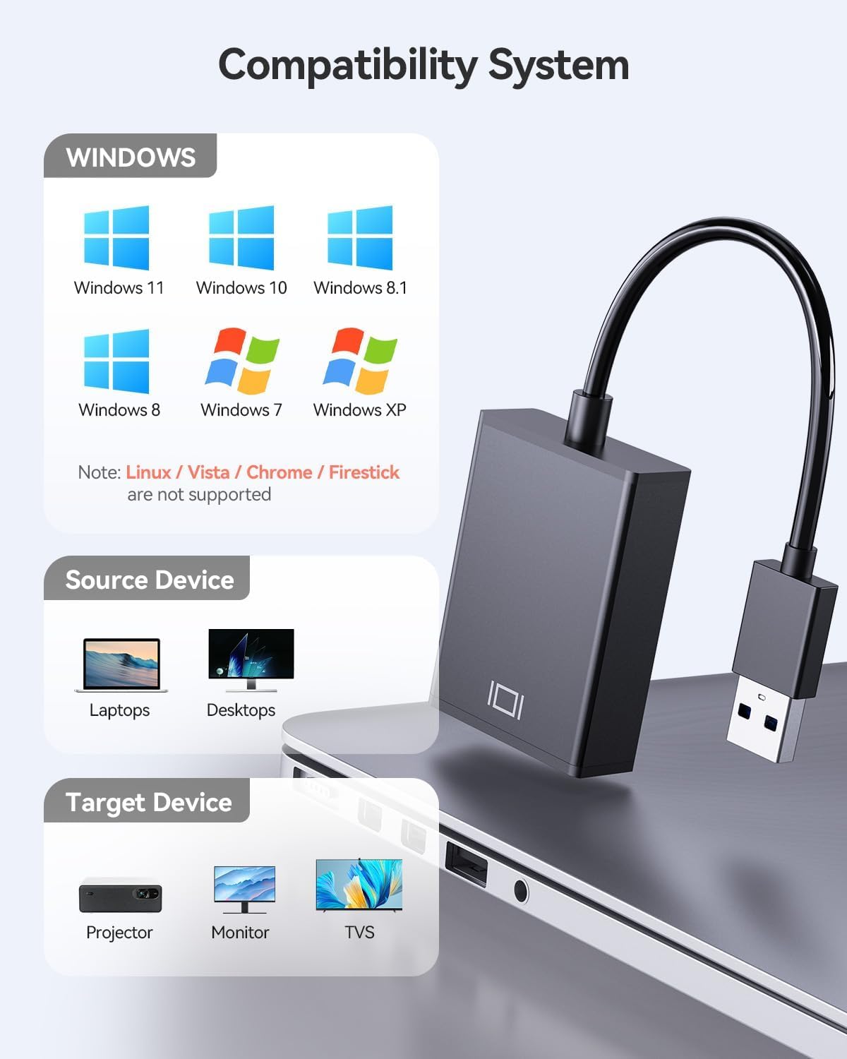 GANA USB to HDMI Adapter, USB 3.0/2.0 to HDMI Audio Video Adapter, HD 1080P Video Graphics Cable Converter for PC, Laptop HDTV TV compatible with Windows XP/10/8/7-Black