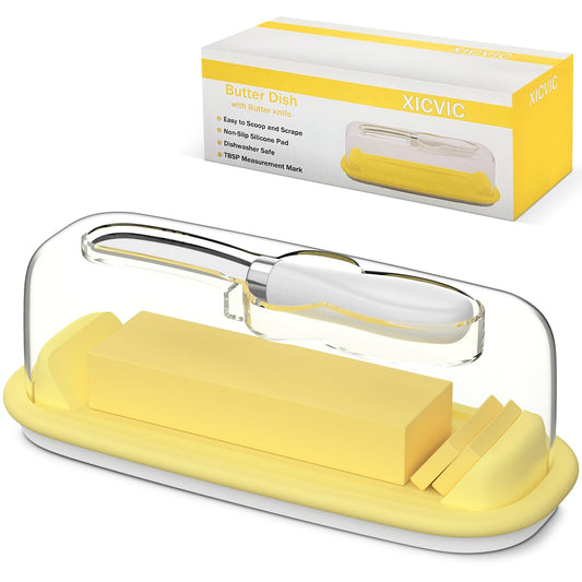 Butter Dish with Lid and Knife for Countertop and Refrigerator, Butter Stick Holder with Airtight Transparent Cover that Keeps Butter Soft