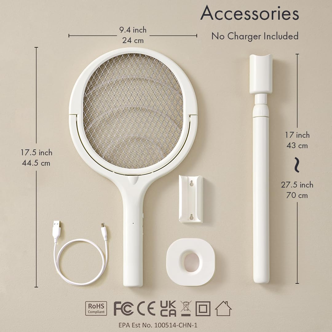 GeckoMan Rotating Head Electric Fly Swatter Racket Rechargeable Bug Zapper Racket Bug Zapper Indoor Fly Zapper Mosquito Zapper Flies Killer for Indoors, with a Telescopic Extension