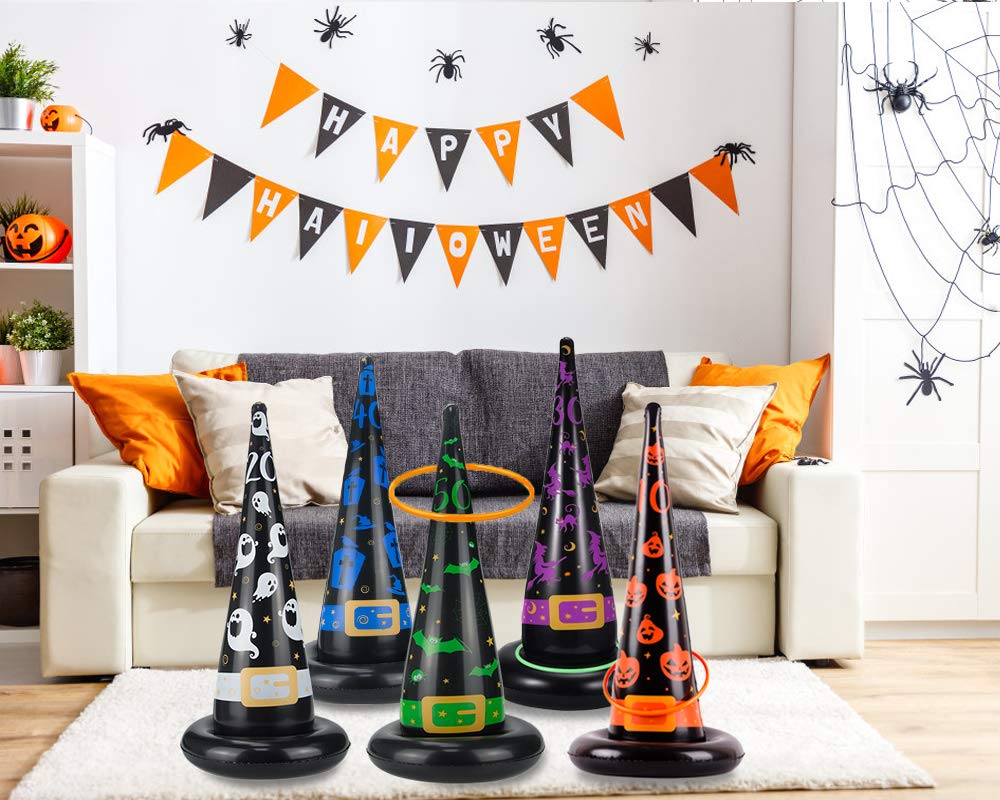 Halloween Party Toys Games, Inflatable Witch Hat Ring Toss Game with Points, Plastic Ring Toss, Air Pump Halloween Carnival Indoor Outdoor Game Garden Toys for Kids Adults Family Games Supplies