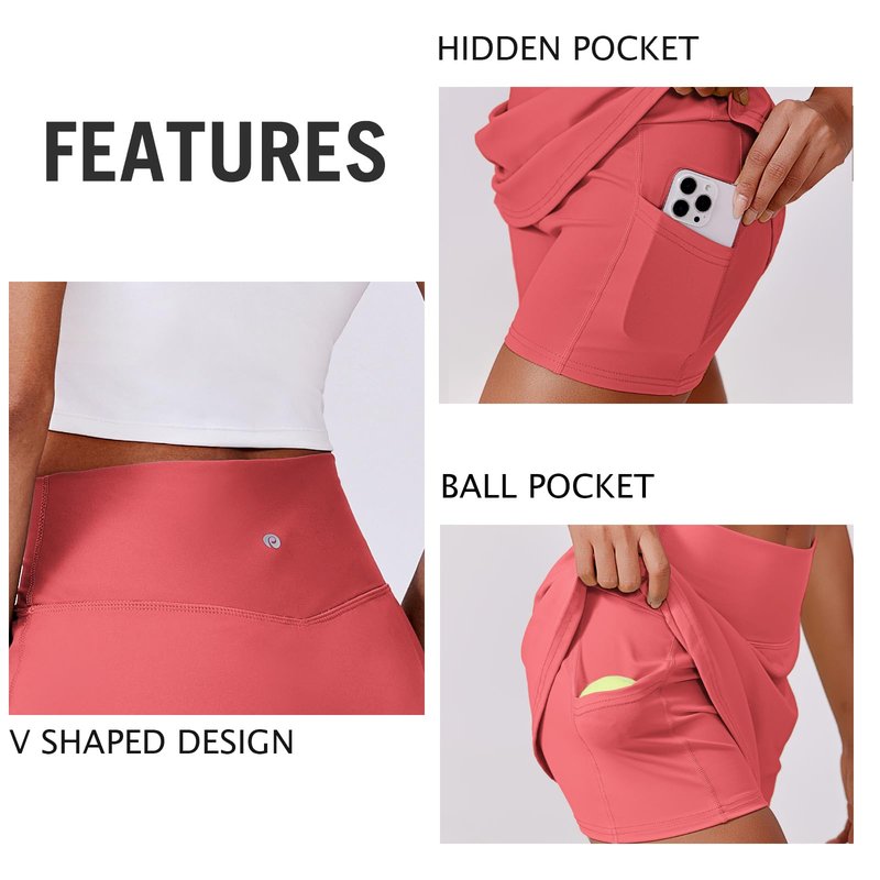 PINSPARK Women Tennis Skirts with Pockets Tummy Control Active Skorts A Line Workout Golf Skirts V-Waisted, Gloss Pink Large