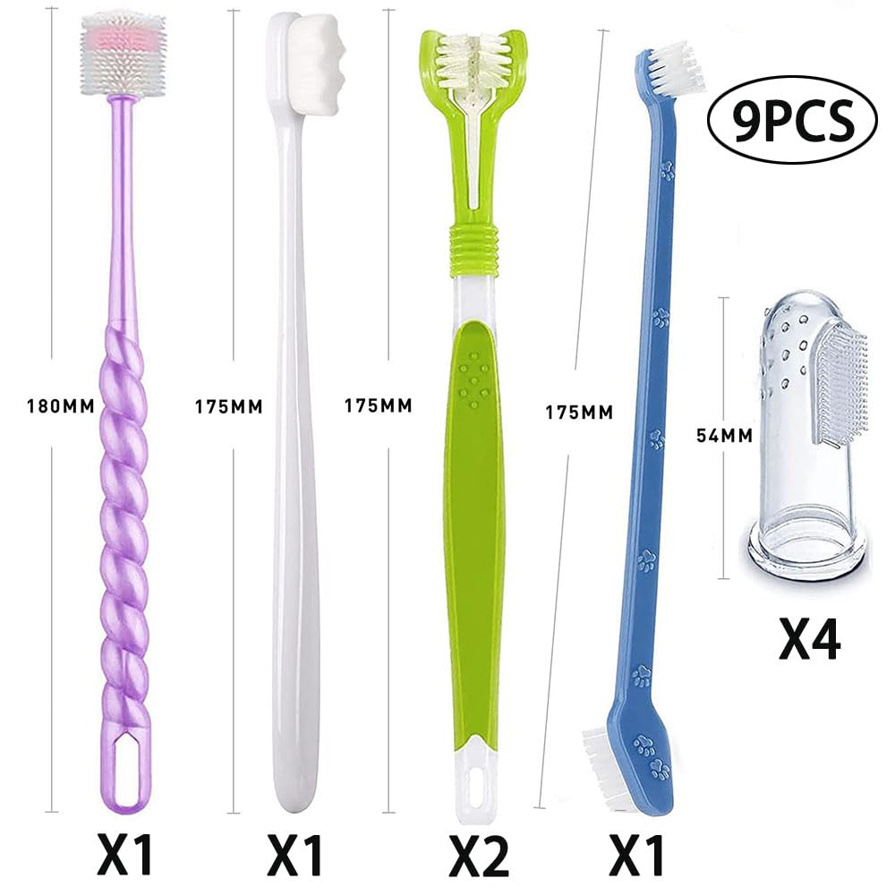 AZOFFYIU Triple Head & Double Head Dog Toothbrush Set, Finger Rubber Toothbrush, Multi-Angle Dental Cleaning Brushes for Cat Oral Health