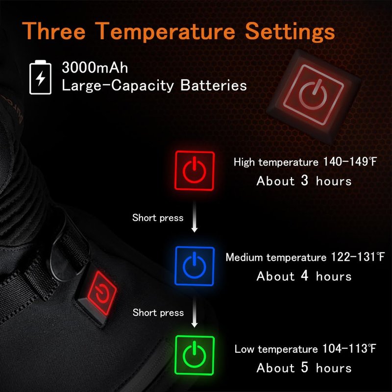 GUMOCH Heated Motorcycle Gloves for Men Women with 7.4V 3000mAh Rechargeable Batteries Touchscreen Waterproof Windproof Non-Slip Heated Gloves for Cycling (Black, X-Large)