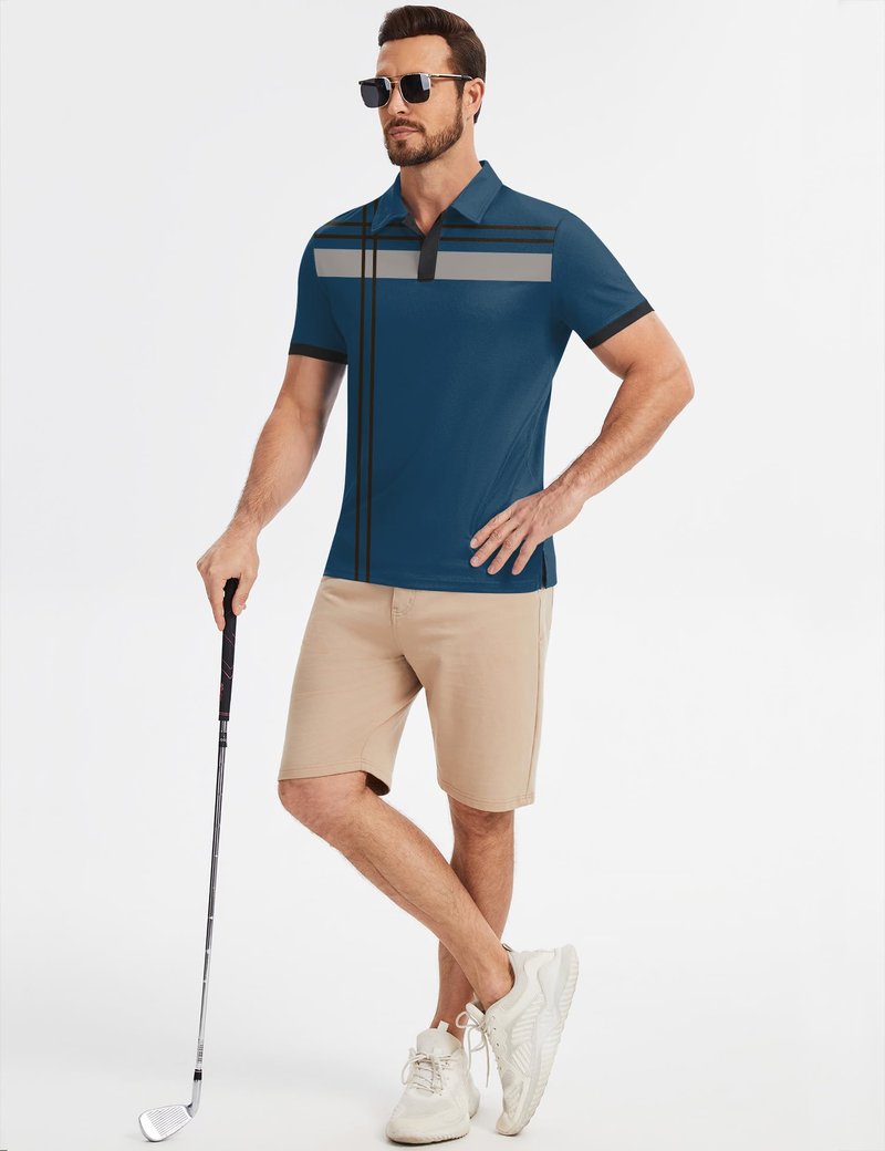 Poriff Mens Golf Shirts Short Sleeve Moisture Wicking Performance Quick Fit Casual Collared Golf Polo Shirt for Men Blue Print L