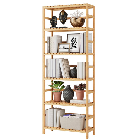 Bamjoy Bamboo Shelf, 6 Tier Bookcase Storage Shelves, Tall Book Rack Shelving Unit, Multipurpose Storage Display Shelf Adjustable Storage Rack for Bathroom Home Office Living Room Kitchen, Natural