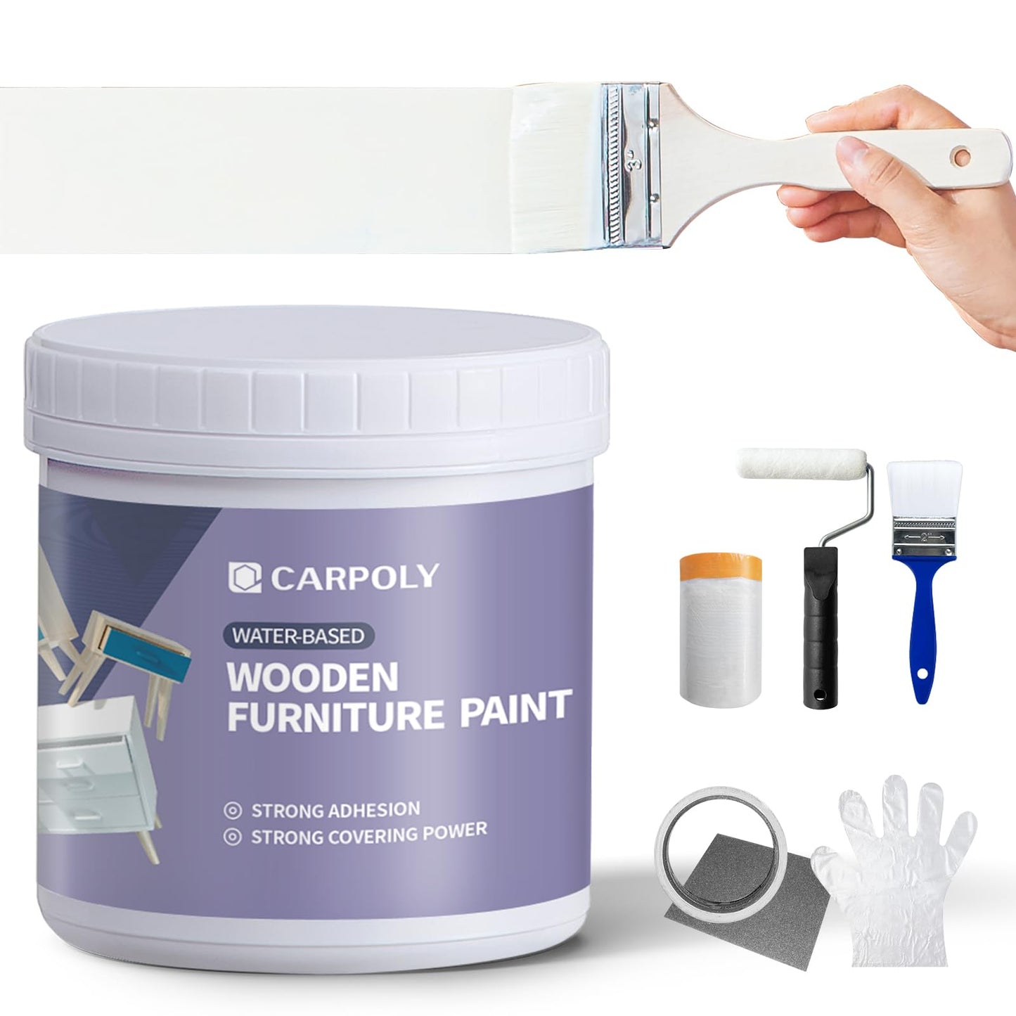 CARPOLY Furniture Paint Kit 16oz with Tools - Water-based & Low Odor All-in-One No Sanding - Matte Finish Indoor Outdoor Wood Paint for Cabinets, Doors, Tables and Dressers - White