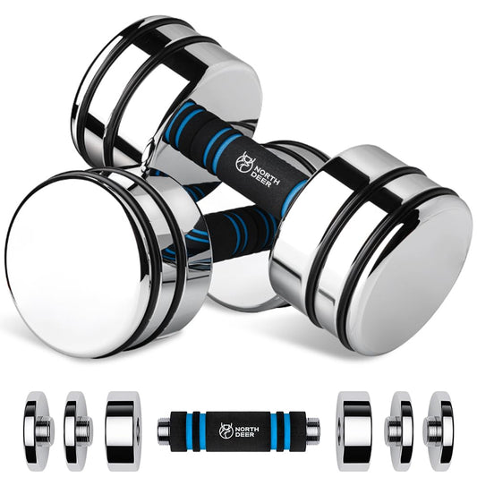 Adjustable Dumbbell Set 10lb Pair (5lb/7lb/8lb/10lb) Set of 2 Steel Dumbbells Chrome Weights with Foam Handles Home Gym Workout (Standard-Finish 10lb×2)
