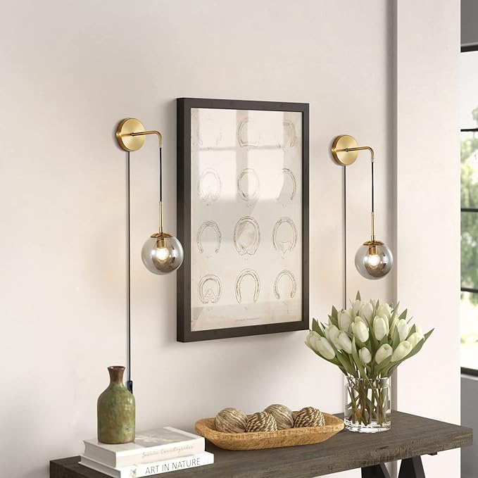 KCO Modern Globe Wall Sconce with Plug in Industrial Vintage Wall Lamp On/Off Switch Adjustable Minimalist 1-Light Mounted Reading Lamps for Bedroom Living Room Corridor(Smoke Gray & 2-Pack)
