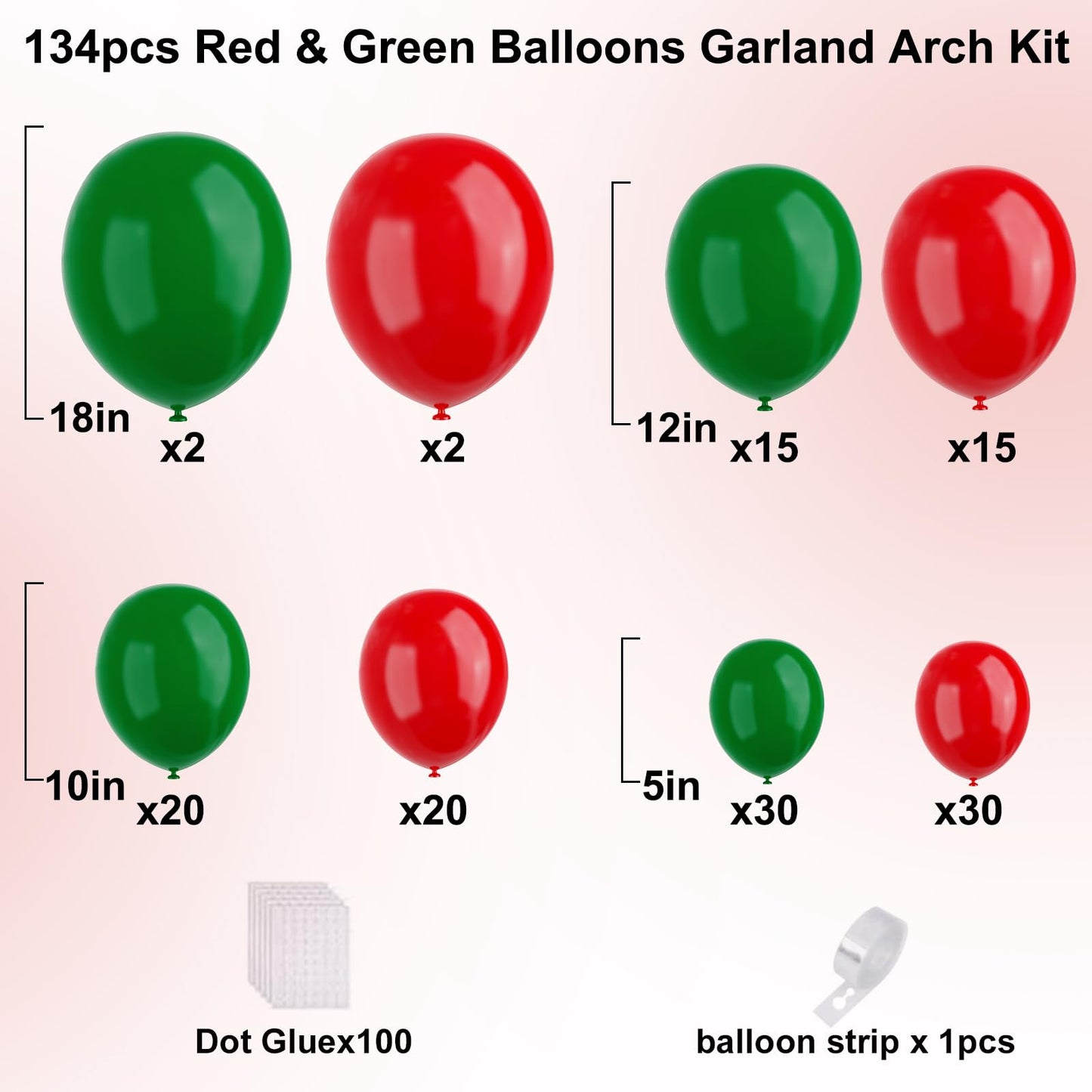Red and Green Balloons Arch Garland Kit, 134pcs Red Green Christmas Balloons with Different Size for Birthday Christmas Party Decorations