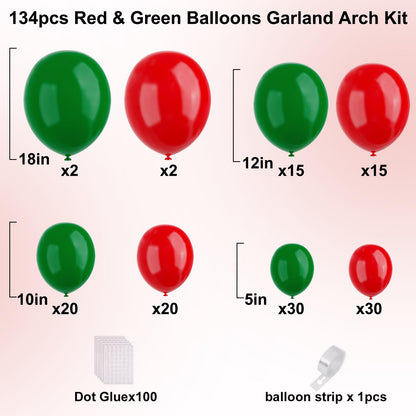 Red and Green Balloons Arch Garland Kit, 134pcs Red Green Christmas Balloons with Different Size for Birthday Christmas Party Decorations