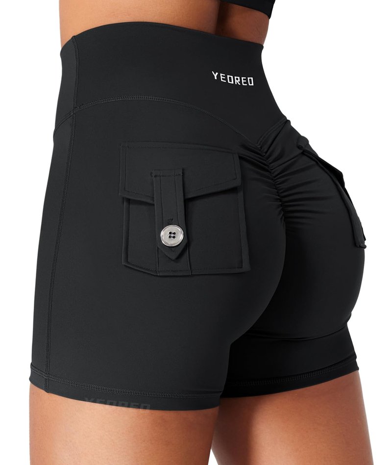 YEOREO CoreFlex Scrunch Workout Shorts with Pockets for Women 4.5" High Waisted Cargo Gym Biker Shorts Tummy Control Yoga Black