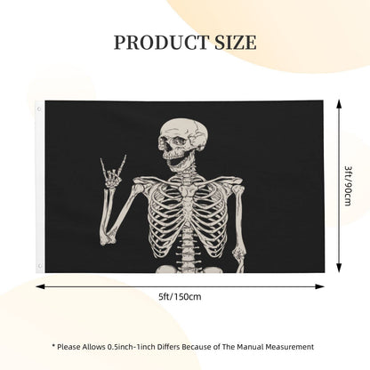 Rock and Roll Skeleton Skull Boho Hippie Double-sided Printed Flag 3x5 Ft, Garden Yard House Flags Greeting Banner, Indoor Outdoor Party Home Decor