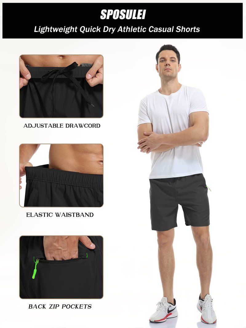 Men's Athletic Shorts Quick Dry Lightweight Gym Running Casual 7 Inch Inseam Shorts with Zipper Pockets Black Large