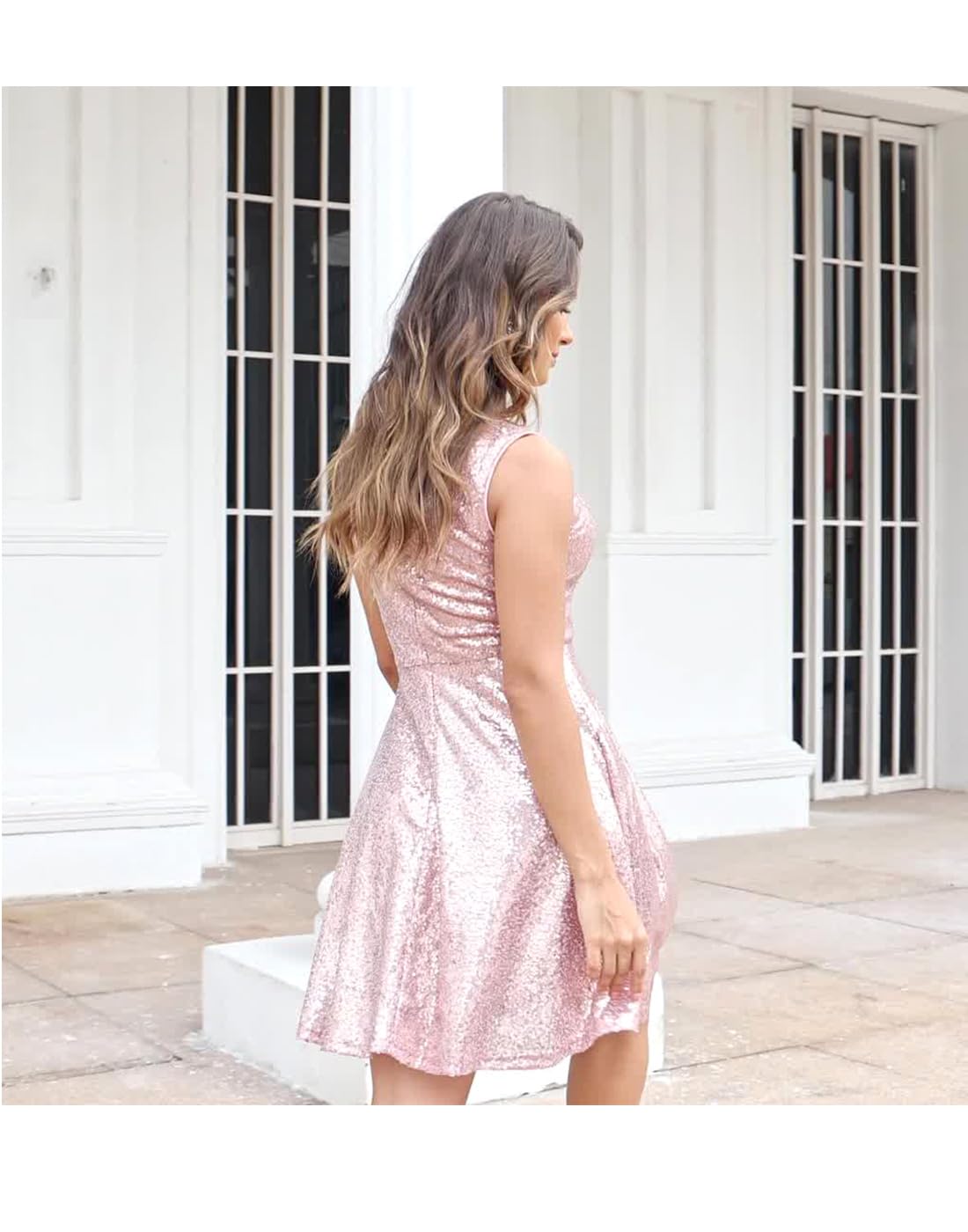 Dressever Women's 50s 60s Vintage Sleeveless Cocktail Party Dress with Pockets Sequins Rose Gold M