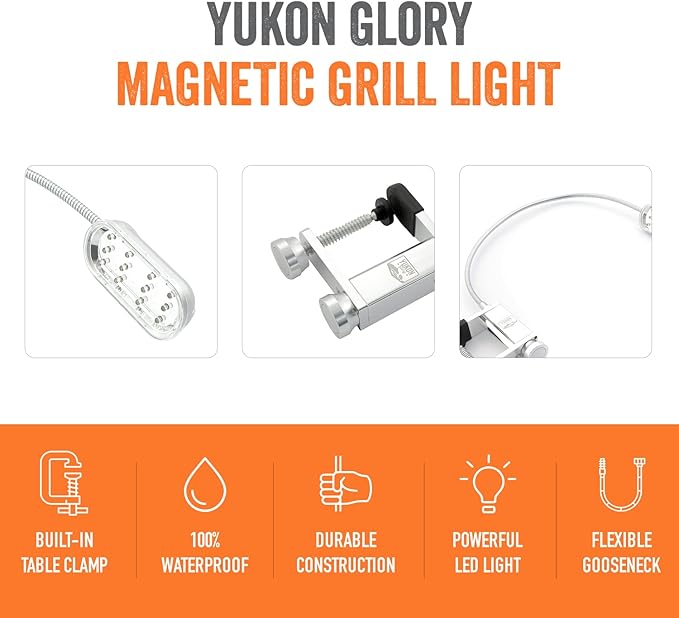 Yukon Glory™ Bright and Durable Magnetic LED Grill Light for Grilling and BBQ, Attaches Magnetically or with Built in Clamp, Long Flexible Gooseneck, Perfect for Blackstone Grills