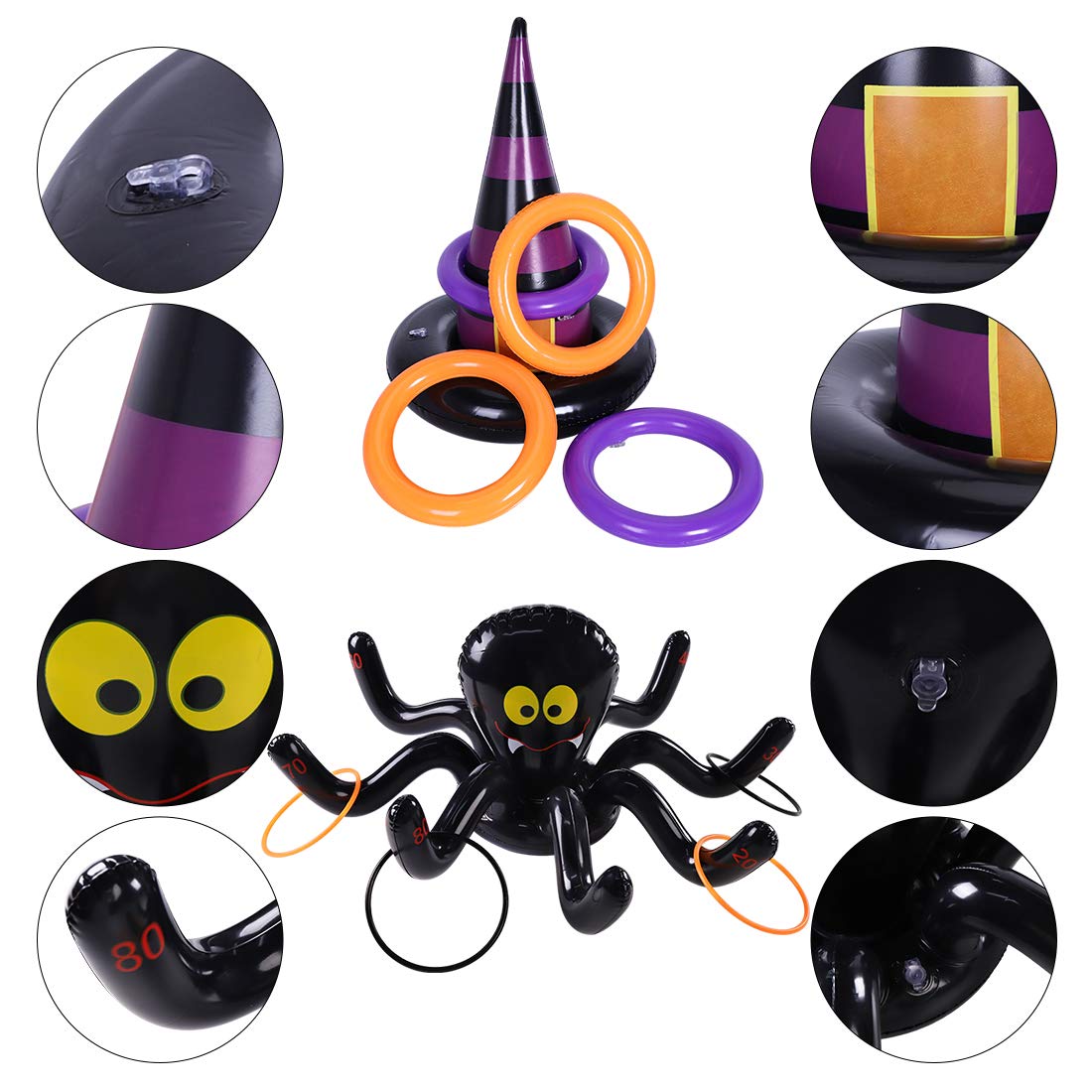Max Fun Halloween Ring Toss Games Inflatable Spiders Ring Toss Witch’s Hat Toss Game for Kids Halloween Party Favors Supplies Indoors Outdoors Party Games