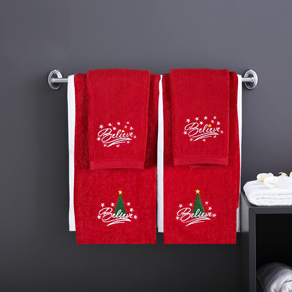 Decorative Christmas Theme Red Towel Set: Luxury Bathroom Fingertip Towels, Embroidered Believe Set of 2