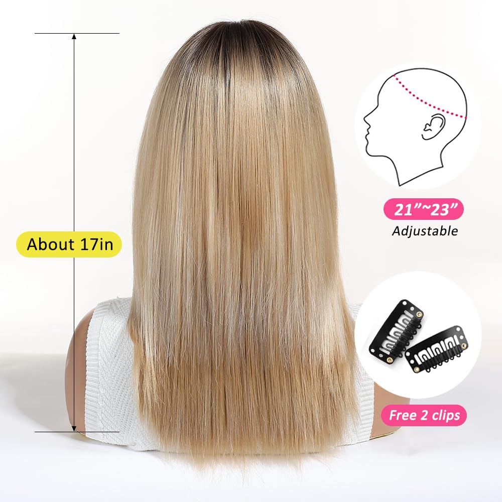 OUFEI Ombre Blonde Wigs for Women Medium Length Long Straight Wig with Bangs Synthetic Hair Heat Resistant Wigs for Everyday Party Cosplay Wear