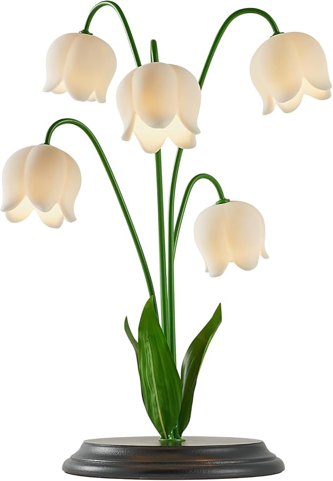 Lily of The Valley Table Lamp with Remote - 17.7 H x 13 W x 13 D, 5 Blossom Dimmable Night Light, Wood Base & Gift Box, Elegant Bedroom Decor for Women/Mom
