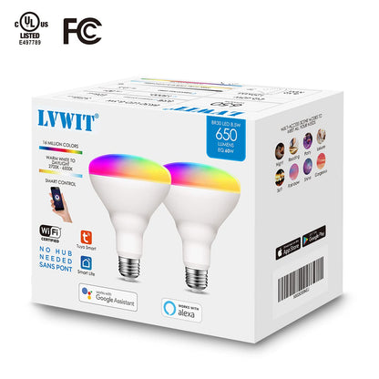 LVWIT Smart Light Bulbs Alexa, BR30 100W Equivalent, E26 Smart LED, Work with Google Assistant, Smart Life App, Tuya App, Dimmable 1300 Lumens RGB Color Changing Bulb (13W), No Hub Required, 4-Pack