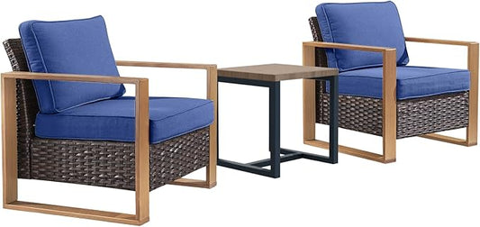 Rilyson 3 Piece Wicker Patio Furniture Set,Patio Bistro Set with 2 Rattan Armrest Chairs and 1 Side Table,Sturdy Frame,All-Weather PE Wicker,Wide Armrest,Deep Seating and Thick Cushions(Brown/Blue)