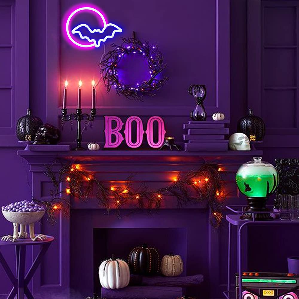 SEMETOR Neon Signs, Moon and Bat LED Neon Lights, Neon Light Sign for Wall USB/Battery Powered Led Neon Sign for wall decor, bedroom, Kids Gift, Living Room, Bar, Party, Christmas, Wedding, Halloween
