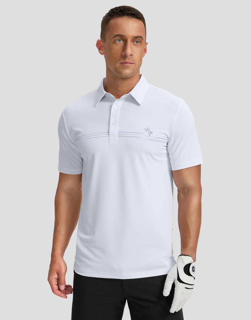 Men's Golf Shirts Dry Fit Moisture Wicking Performance Short Sleeve Collared Polo Shirts for Casual Tennis Bussiness (White Coco Tree, L)