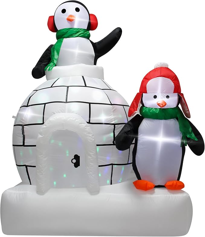 Christmas Inflatable Ice House Penguin 7 Feet Outdoor Decoration Featuring Two Adorable Penguins Ideal for Holiday Display with Built in LED Lights Perfect for Lawn Garden Entryway Christmas Party