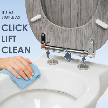 AQUALONA® Luxury Grey Oak Effect Toilet Seat - Soft Close MDF Moulded Wood Seat with Quick Release Button and Durable Hinges - Comfortable, Easy to Clean and Install with Universal Fittings