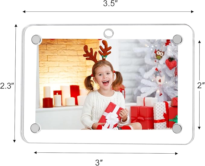 Christmas Photo Ornament Set of 4, 3x2'' Iridescent Acrylic Hanging Picture Frame for Family Photo, Christmas Tree, Holiday Decoration, Multifunctional Magnetic Picture Frames for Car and Fridge Decor