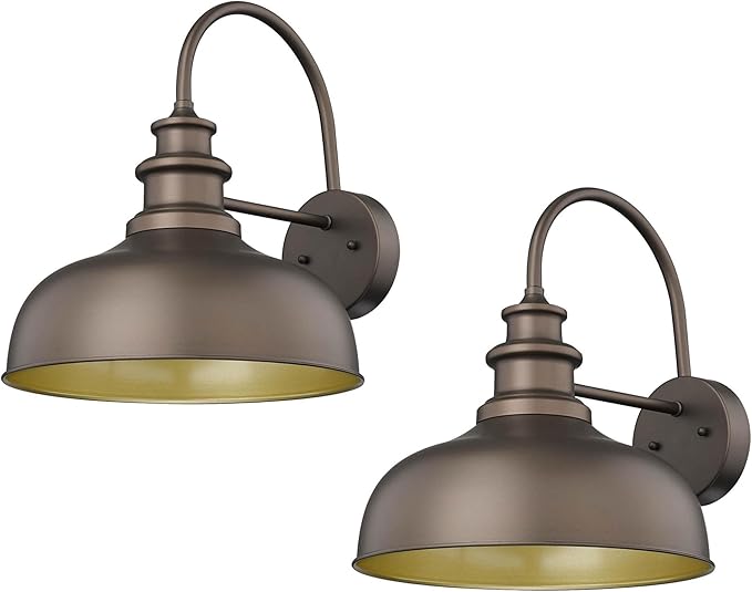 Bestshared Gooseneck Barn Light 14 Inch Dome Farmhouse Wall Sconce, Outside Wall Mounted Light, Exterior Lighting Fixture, Porch Lighs for Entryway, Garage,Patio (ORB+Gold, 14” Dome-2Pack)