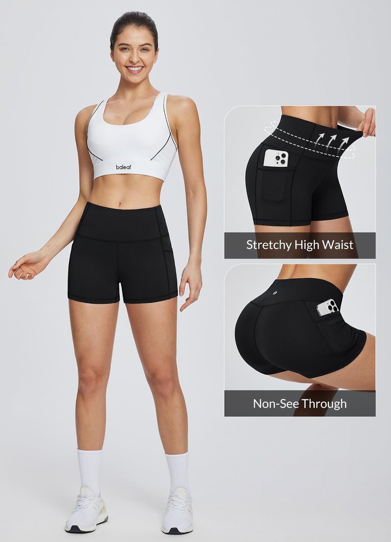 baleaf Biker Shorts Women Yoga Gym Workout Spandex Running Volleyball Tummy Control Compression with Pockets 5" 2-Pack Black/Navy Blue XXL