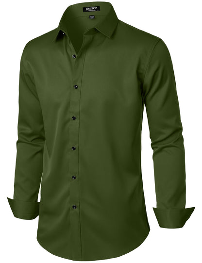 JEMITOP Men's Stretch Wrinkle Free Dress Shirts Formal Wedding Prom Long Sleeve Button Down Shirt Army Green S