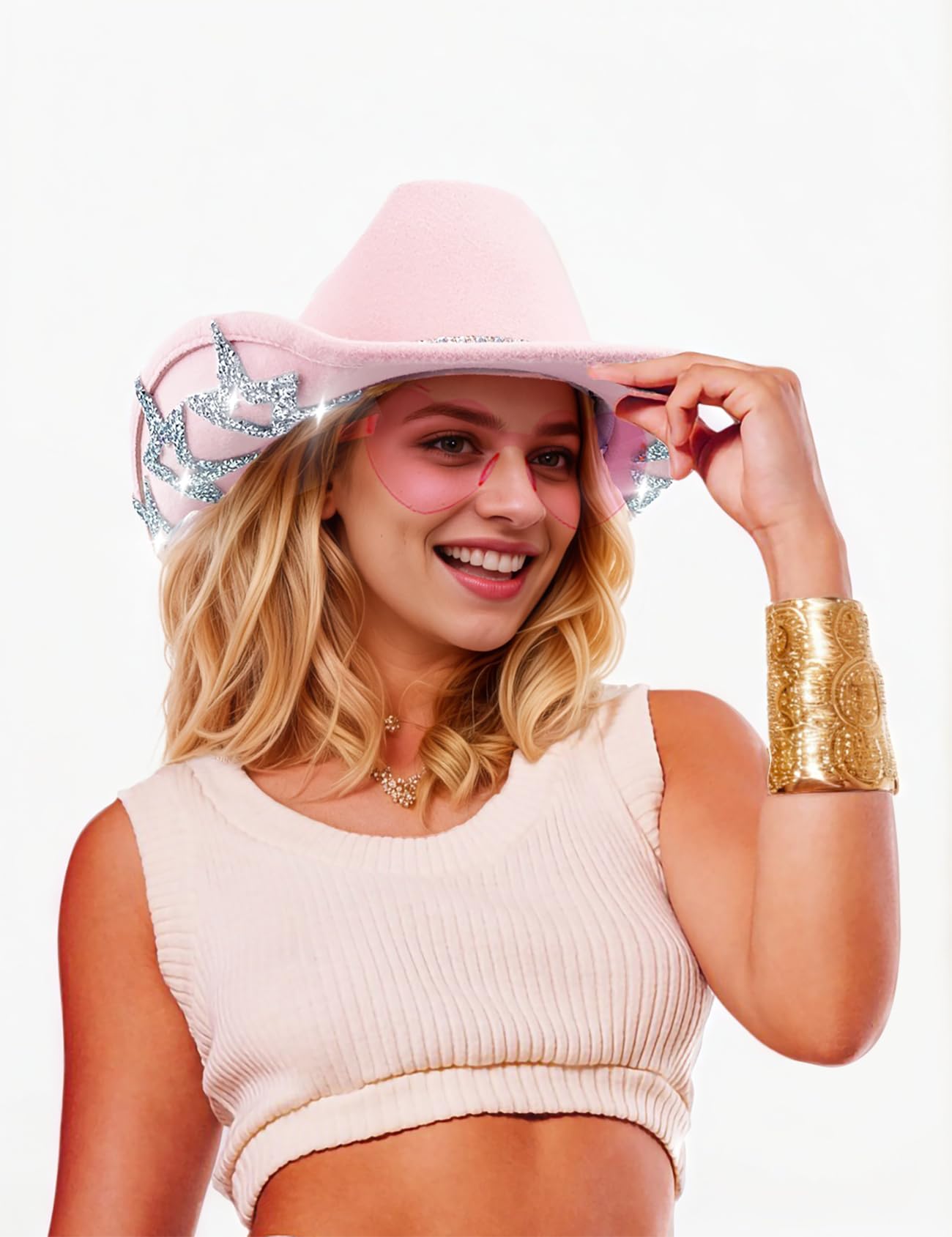 JICASTO Cowboy Hat for Women Men 6 Sparkly Stars Brim & Rhinestone Belt Western Cowgirl Hat with Sunglasses Bandanas (US, Alpha, One Size, Hot Pink)