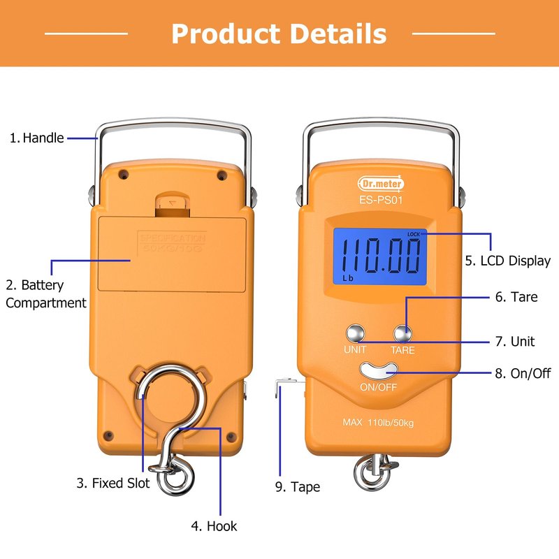 Dr.meter Fish Scale Luggage Scale Fishing Gear - 110lb/50kg Backlit LCD Display Digital Scale with Built-in Measuring Tape - Fishing Scale with 2 AAA Batteries, Pocket Size - Fishing Gifts for Men