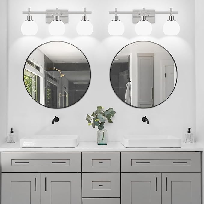 Modern Vanity Lighting Fixtures,3-Light Bathroom Lighting Fixtures Over Mirror，Brushed Nickel Wall Mounted Bathroom Vintage Lamp with Milky White Glass Lampshade for Living Room，Bedroom