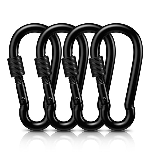 AUTMATCH Carabiner Clips, 3" Carbon Steel Spring Snap Hook Caribeener Clips Buckle Pack Grade Heavy Duty Carabiners Quick Link for Camping, Fishing, Hiking, Traveling, Locking Black, 4 Pack