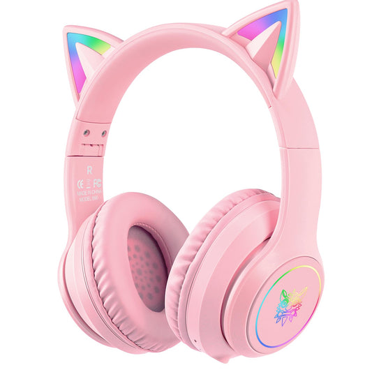 Bluetooth Kids Headphones with Microphone, Cat Ear LED Light Up and 85dB Volume Limited Toddlers Study Headphones, Wireless Foldable HI-FI sound Over-Ear School Headphones for iPhone/iPad/Laptop/PC