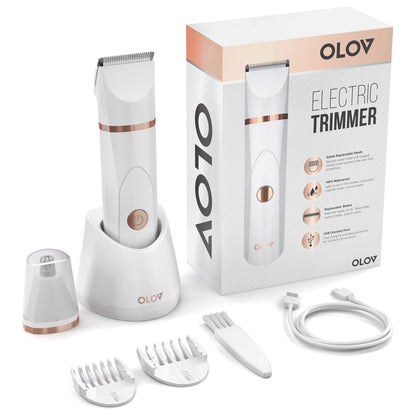 OLOV Electric Body Hair Trimmer - Groin Trimmer for Men - Bikini Trimmer Women - Wet/Dry Shaver Groomer, Replaceable Ceramic Blade Heads, USB Recharge Dock, Waterproof Hygiene Razor,Black