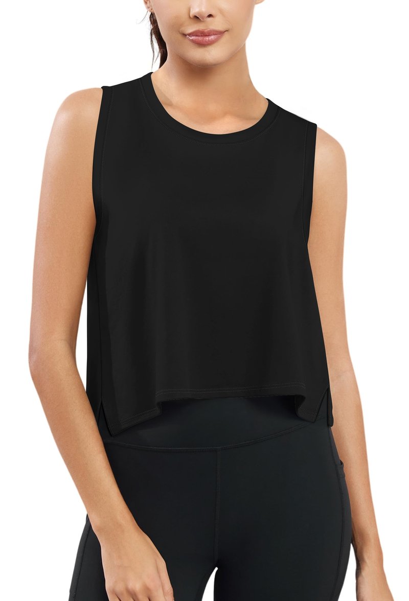 KevaMolly Black Workout Tank Tops for Women Flowy Cropped Shirts UPF50+ Breathable Crew Neck Athletic Yoga Running Crop Tops S