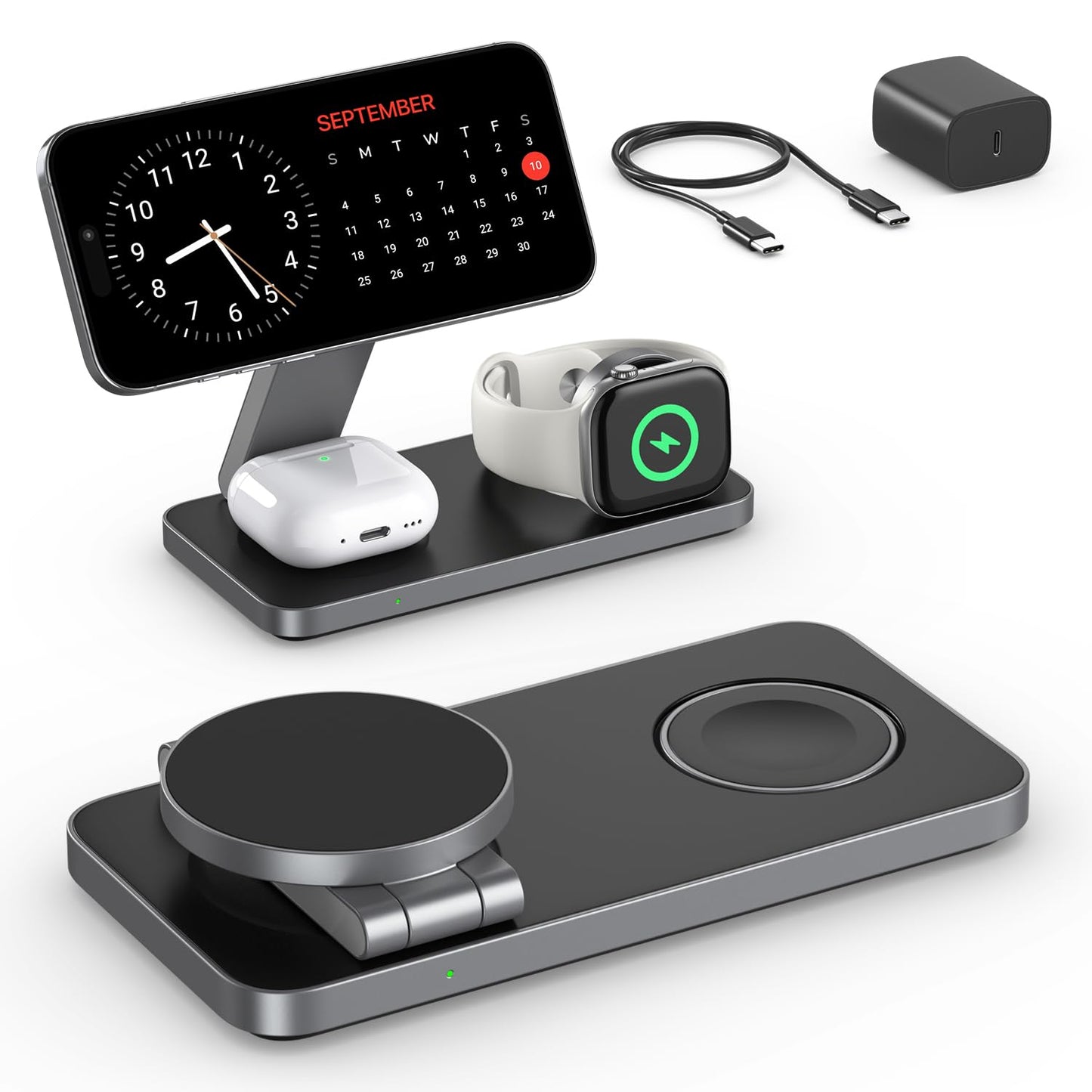 Keepro 3 in 1 Wireless Charging Station for iPhone Magnetic Portable, Fast Wireless Charger Stand for iPhone Air/17/16/15/14/13/12, AirPods Pro 3 2 Apple Watch (Adapter Included)-Black