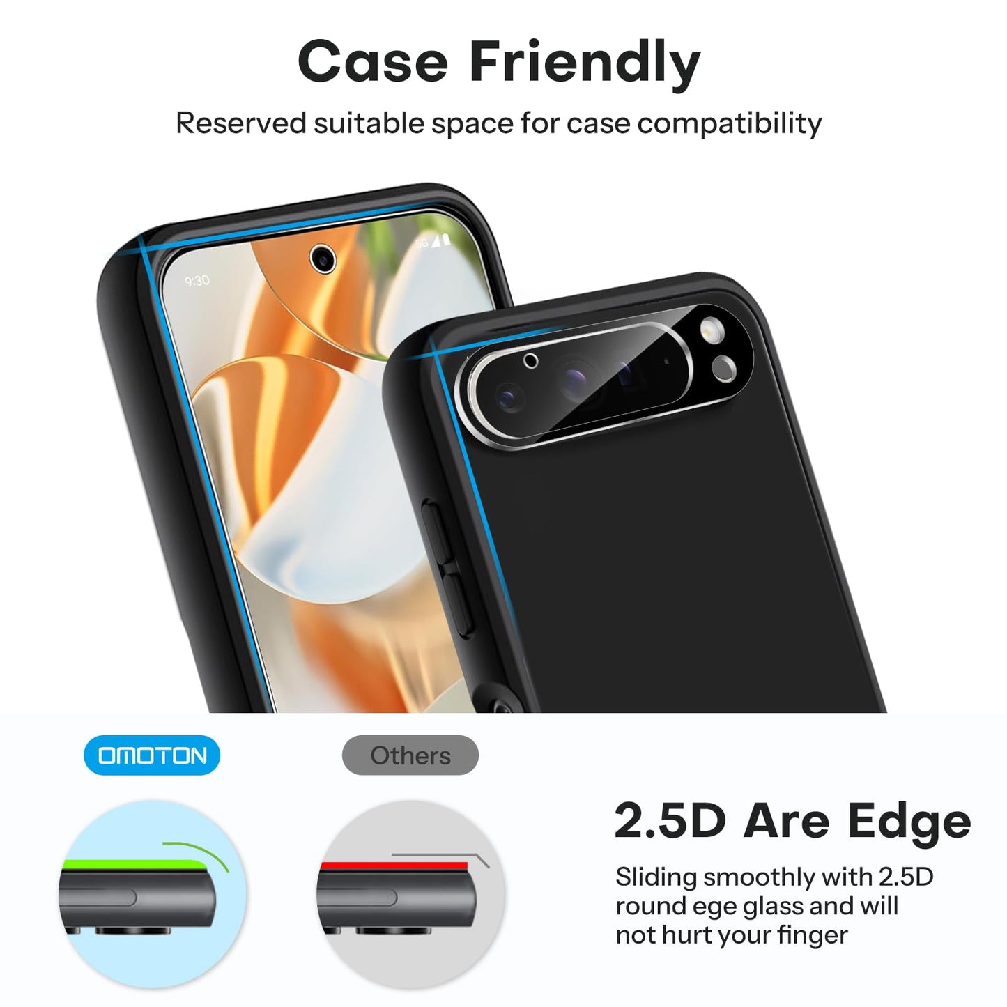 OMOTON 3+2 Pack for Google Pixel 9 Pro Screen Protector, 3 Pack Tempered Glass Screen Protector & 2 Pack Camera Lens Protector for Pixel 9 Pro 2024 6.3-inch, Case Friendly (Not for Pixel 9/9 Pro XL)
