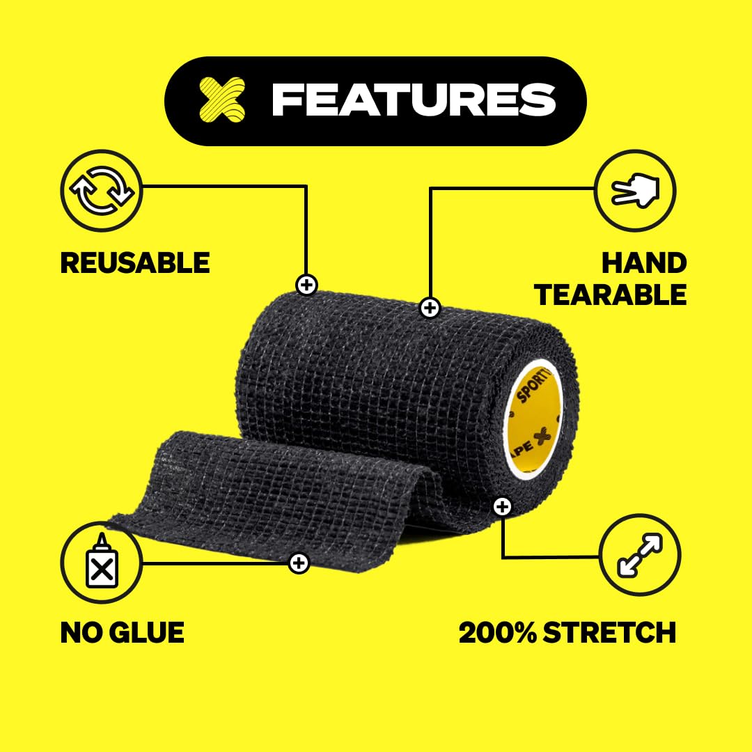 6 Rolls SPORTTAPE Self Adhesive Cohesive Bandage, Dog Bandage, Vet Wrap for Horses | 7.5cm x 4.5m - Black | Cohesive Wrap for Compression | Football Sock Tape, Shin Pad Tape, Wrist & Ankle