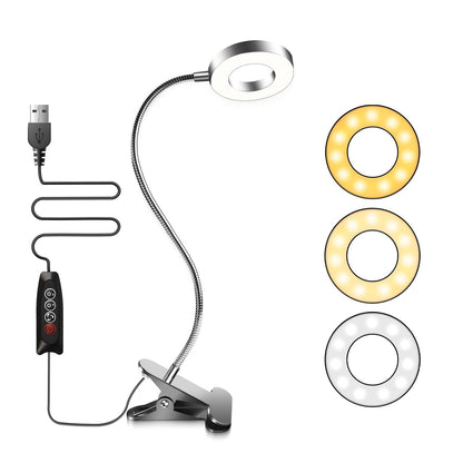7W Clip On Ring Light with USB Cable, 3 Colour Changing & 10 Brightness, 48 LED Gooseneck Bed Light, Nail Art Ring Lamp Clip on Desk, Flexible Desk Beauty Lamp, Silver
