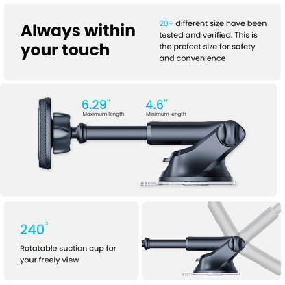 APPS2Car Magnetic Phone Car Mount, Universal Dashboard Windscreen Industrial-Strength Suction Cup Car Phone Mount Holder with Adjustable Telescopic Arm, 6 Strong Magnets for All Cell Phones