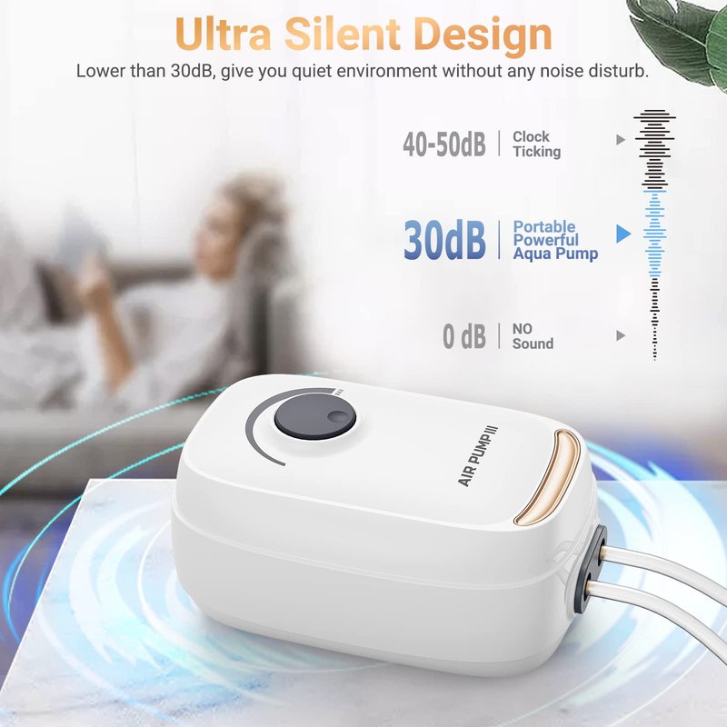MoonOrange 3W Aquarium Air Pump, Adjustable Aquarium Aerator with 2-Outlet, Super-Powerful & Quiet Oxygen Pump for Fish Tanks up to 100 Gallon with Full Accessories.(Upgrade Noise-Reduce)