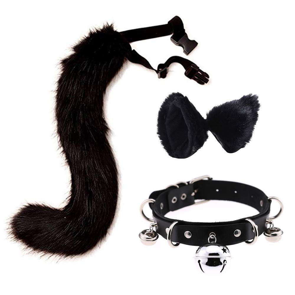 Faux Fur Cat Ears Hair Clip Furry Wolf Fox Long Tail Costume Halloween Party Neck Chocker Cosplay Set (Black)