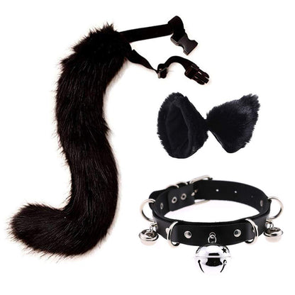 Faux Fur Cat Ears Hair Clip Furry Wolf Fox Long Tail Costume Halloween Party Neck Chocker Cosplay Set (Black)